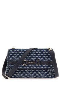 Sac à main en denim tissé bleu marine avec une surface texturée, quincaillerie dorée et une sangle en cuir foncé. Présente un détail de logo sur le devant.