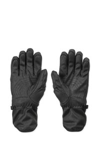 Sorte læderhandsker med en struktureret finish, elastiske manchetter og et rillemønster på bagsiden. Har en sikringsrem ved håndleddet.