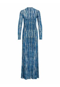 Robe à manches longues en tissu transparent avec un motif tie-and-dye bleu et blanc, silhouette ajustée et encolure ronde.