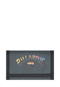 Portafoglio in tessuto nero con design pieghevole, dotato di un logo "Billabong" multicolore e lucido e bordi cuciti. Texture compatta e durevole.
