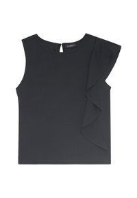 Svart ärmlös topp i slät tyg, med en volangdetalj på ena sidan och ett nyckelhål på baksidan.