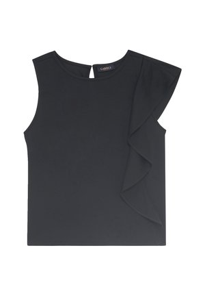 Zwarte mouwloze top van gladde stof, met een gerimpelde accent aan de ene kant en een sleutelgatdetail aan de achterkant.