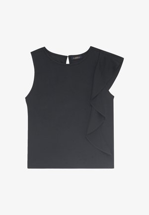 Top negro sin mangas hecho de una tela suave, con un acento arrugado en un lado y un detalle de ojal en la parte de atrás.