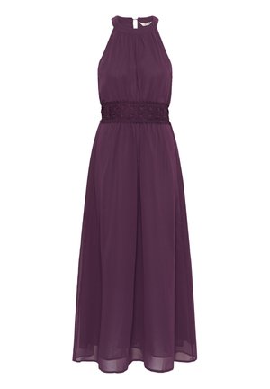 Robe longue violette sans manches avec col montant et détail en dentelle à la taille, fabriquée en tissu léger et fluide.