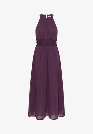 Robe longue violette sans manches avec col montant et détail en dentelle à la taille, fabriquée en tissu léger et fluide.