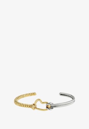 Bracelet en fils d'or et d'argent avec un design tordu, fermoir en forme de cœur, surface lisse et silhouette aérodynamique.