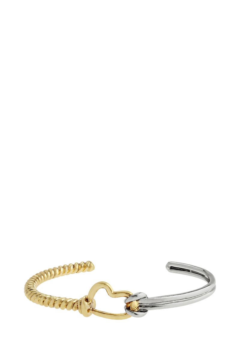 Bracelet en fils d'or et d'argent avec un design tordu, fermoir en forme de cœur, surface lisse et silhouette aérodynamique.