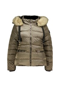 Veste matelassée en vert olive avec une capuche en fausse fourrure, fermeture éclair à l'avant, deux poches zippées et poignets côtelés. Design matelassé avec des rayures horizontales.