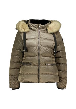 Veste matelassée en vert olive avec une capuche en fausse fourrure, fermeture éclair à l'avant, deux poches zippées et poignets côtelés. Design matelassé avec des rayures horizontales.