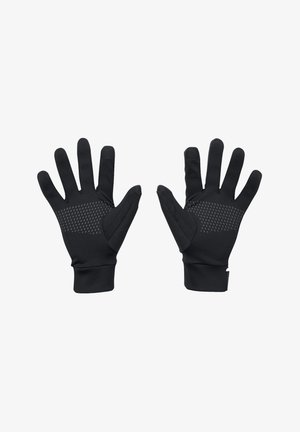 Black gloves with a textured grip on the palms, fitted design, and stretchy cuffs for comfort and flexibility.