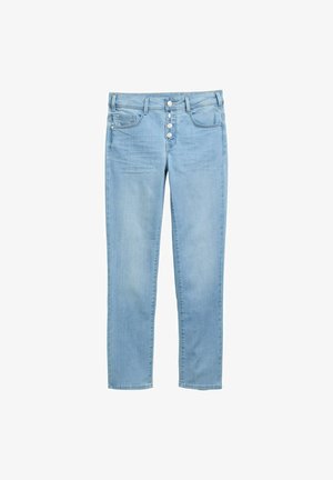 Vaqueros de mezclilla azul claro con un diseño ajustado, cinco bolsillos y una bragueta con botones que presenta cinco botones visibles. Textura suave y corte clásico.