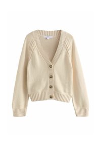 Beige verkürzter Strickcardigan mit langen Ärmeln, V-Ausschnitt, gerippten Bündchen und Saum sowie vier großen braunen Knöpfen auf der Vorderseite.
