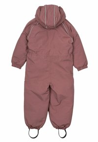 Roze geïsoleerde overall met elastische manchetten en een capuchon, met reflecterende accenten langs de naden en verstelbare enkelriemen.