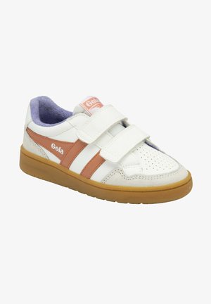 Baskets blanches avec des rayures orange, bandes auto-agrippantes et semelle en caoutchouc. Comprend une zone de orteils perforée et un col de cheville rembourré.