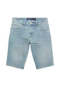 Short en jean bleu clair avec poches avant, passants pour ceinture et fermeture par bouton, posé à plat sur un fond blanc.