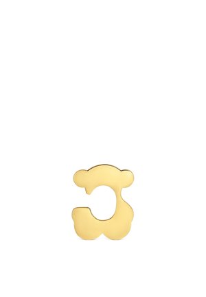 Orecchino a bottone dalla forma astratta tono oro con bordi arrotondati e design moderno e asimmetrico su sfondo bianco.