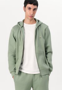 Sweat-shirt zippé à capuche en mélange de coton vert clair, doté de poches latérales et d'un petit logo brodé sur la poitrine gauche. Texture lisse.