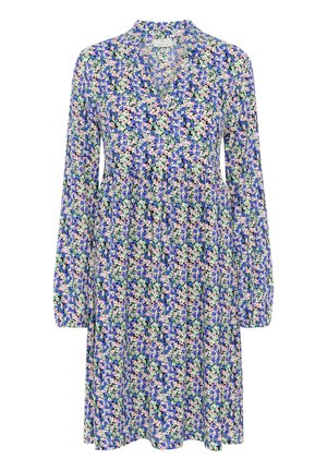 Kwiecista sukienka z długimi rękawami, dekoltem w serek i marszczonym stanem. Posiada żywe niebieskie, różowe i zielone kwiaty na białym tle.