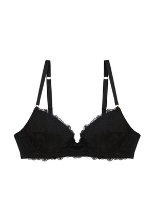 Soutien-gorge rembourré en dentelle noire avec bretelles réglables et détails à motif floral le long des bords et des bonnets.