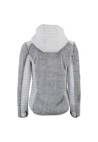 Grå fleecejakke med en blød tekstureret ryg, ribbede frontpaneler og hætte. Glatte ærmer med en tætsiddende pasform.