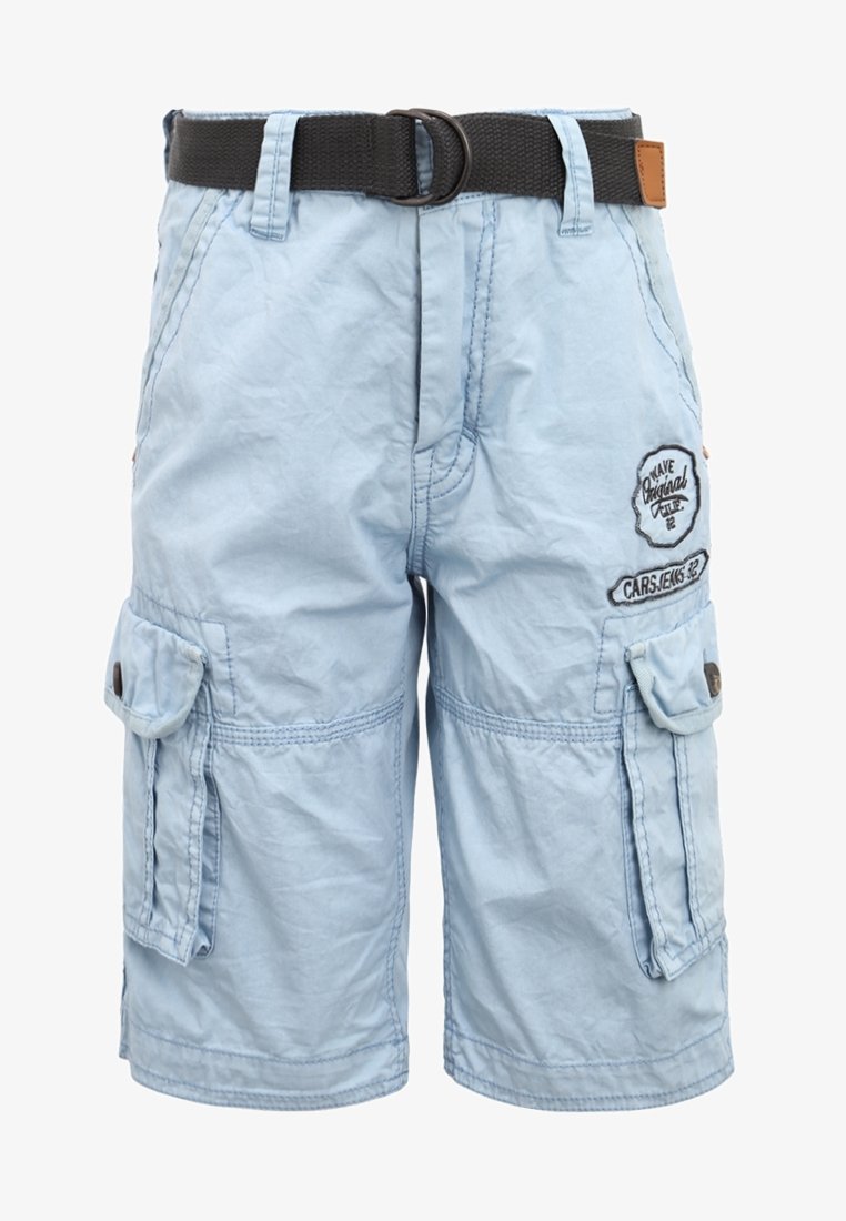 Pantaloni cargo azzurro chiaro realizzati in tessuto, con tasche anteriori e laterali, dettagli cuciti e una cintura intrecciata nera.