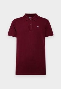Burgundy polo shirt made of cotton, featuring a folded collar, two-button placket, and a small logo on the left chest. Short sleeves.