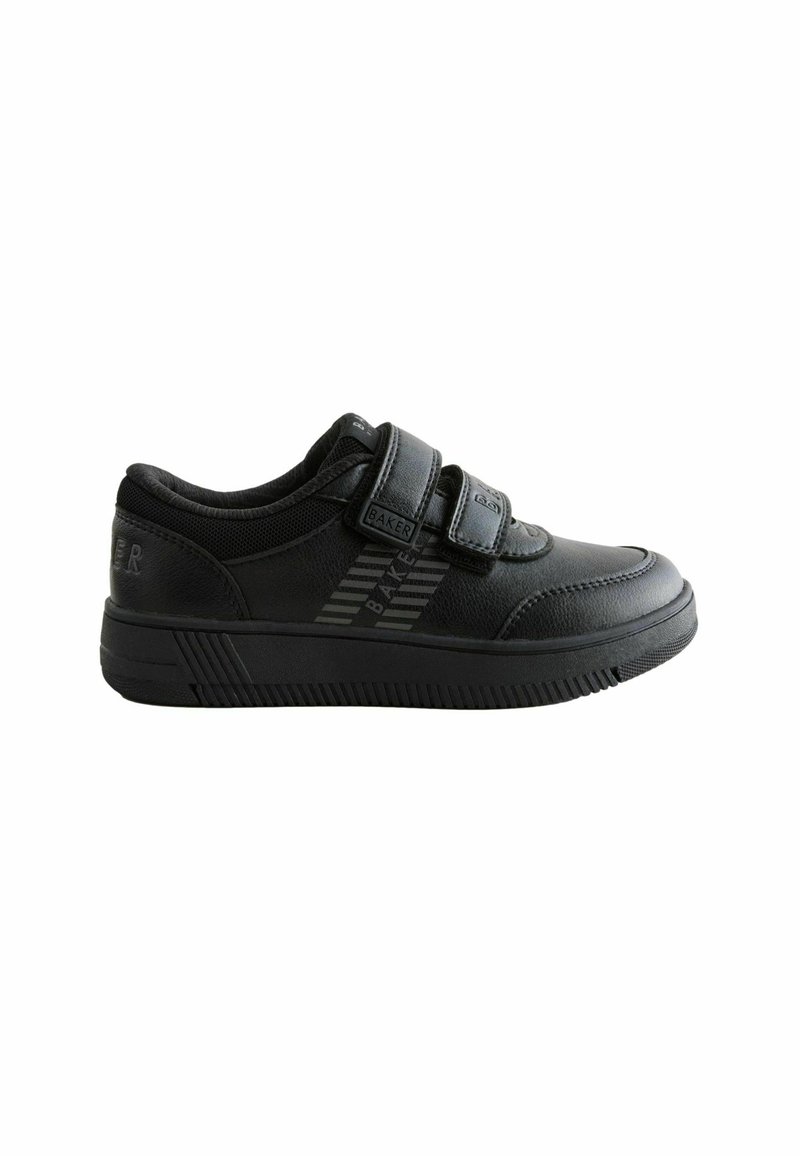 Schwarzer Sportschuh mit einer strukturierten synthetischen Oberseite, zwei Velcro-Riemen und einer geriffelten Gummisohle mit einem leichten Profilmuster.