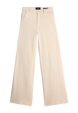 Beige wide-leg trousers made from cotton, featuring a high waist, five pockets, and a straight silhouette with clean edges.