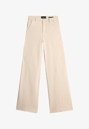 Pantaloni beige a gamba larga realizzati in cotone, con vita alta, cinque tasche e una silhouette dritta con bordi puliti.