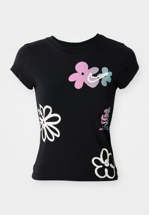 Tricou negru cu maneci scurte, decorat cu grafici florale colorate în roz, albastru și alb, fabricat din bumbac moale și cu un design ajustat.