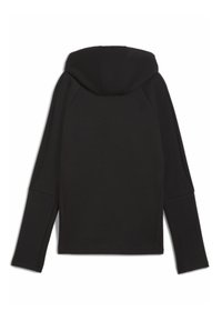 Sudadera con capucha negra fabricada en un tejido suave. Presenta mangas largas, un diseño sencillo y una forma ajustada con detalles de costura.