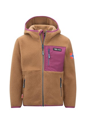 Brown fleece jacket with a hood, contrasting purple accents, zippered pockets, and a logo on the chest. Features a Norwegian flag detail.