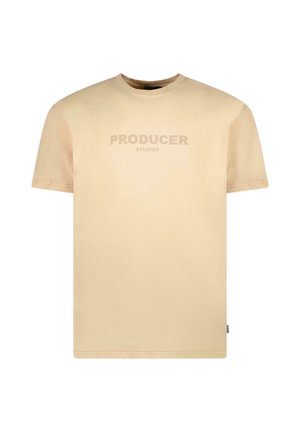 Beige katoenen T-shirt met korte mouwen en een ronde halslijn. Voorzien van een subtiele "PRODUCER STUDIOS" print in een bijpassende kleur aan de voorkant.