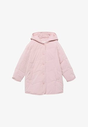 Helle rosa Steppjacke mit Kapuze, ausgestattet mit einem gesteppten Design, Druckknöpfen und zwei frontalen Taschen. Weiche Textur und lässige Passform.