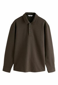 Cămașă polo lungă maro cu mâneci lungi, guler, închidere cu trei nasturi și manșete ribbate. Fabricată dintr-un material moale, cu o textură netedă.