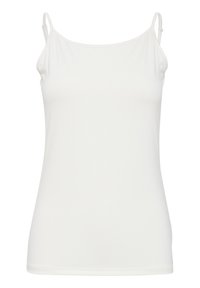 Weißes Tanktop mit dünnen, verstellbaren Trägern, glatter Textur, figurnaher Form und schlichtem Design. Keine Muster oder zusätzlichen Akzente vorhanden.