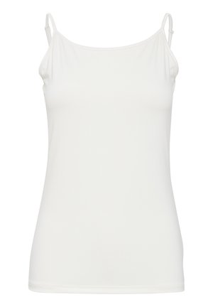 White tank top with thin adjustable straps, smooth texture, fitted shape, and simple design. No patterns or additional accents present.