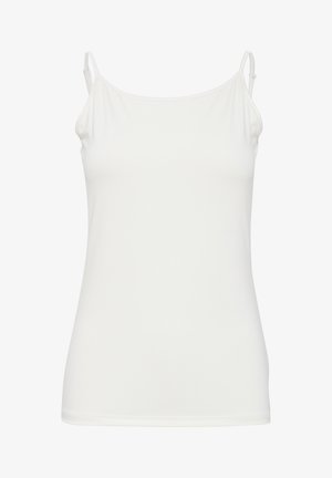 Weißes Tanktop mit dünnen, verstellbaren Trägern, glatter Textur, figurnaher Form und schlichtem Design. Keine Muster oder zusätzlichen Akzente vorhanden.