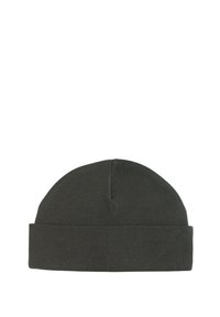 Beanie a maglia verde scuro con risvolto, caratterizzato da un motivo testurizzato e una parte superiore arrotondata, realizzato in un tessuto morbido e elastico.