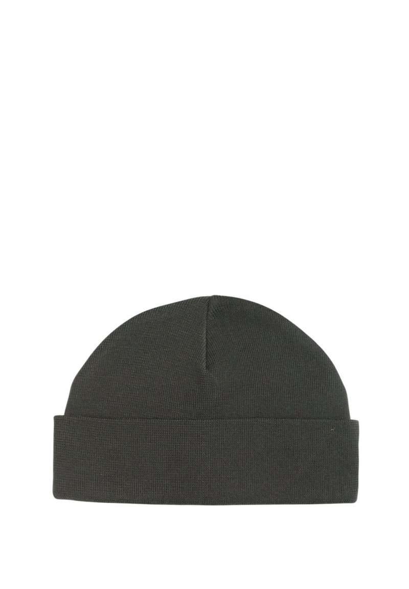 Beanie a maglia verde scuro con risvolto, caratterizzato da un motivo testurizzato e una parte superiore arrotondata, realizzato in un tessuto morbido e elastico.