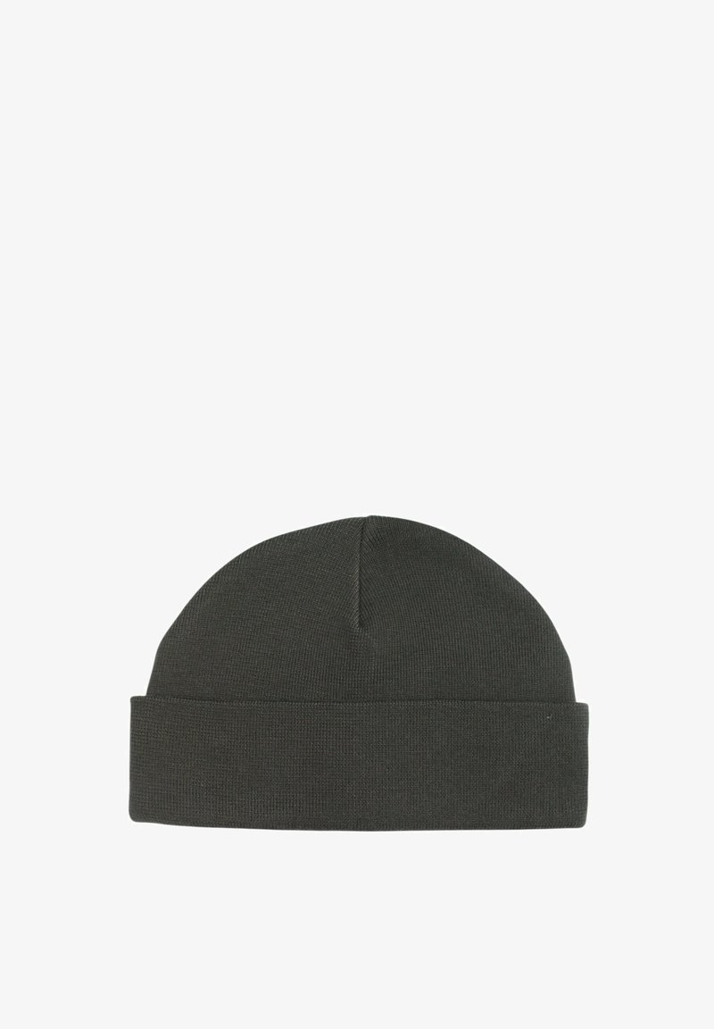 Beanie a maglia verde scuro con risvolto, caratterizzato da un motivo testurizzato e una parte superiore arrotondata, realizzato in un tessuto morbido e elastico.