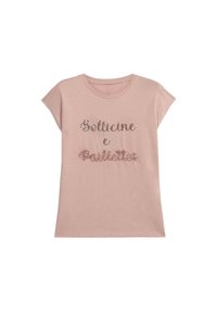 Hellrosa T-Shirt mit kurzen Ärmeln, das glitzernden Text "Bollicine e Paillette" in Silber und Pink zeigt. Aus weichem Baumwollstoff, lockere Passform.