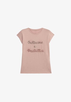 T-shirt rosa chiaro a maniche corte con testo glitterato "Bollicine e Paillette" in argento e rosa. Tessuto di cotone morbido, vestibilità comoda.