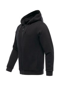 Sort zip-up hættetrøje lavet af blødt stof. Har en stor hætte, lange ærmer, frontlommer samt ribbede manchetter og kant.
