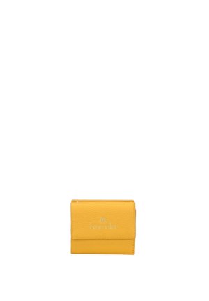 Yellow leather wallet with a flap closure and a small embossed logo on the front center.