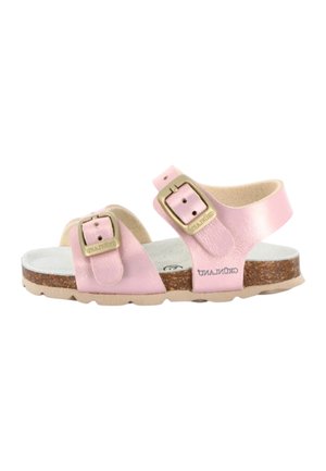 Sandalo rosa per bambini con due fibbie regolabili e suola in sughero, progettato per comfort e uso informale.