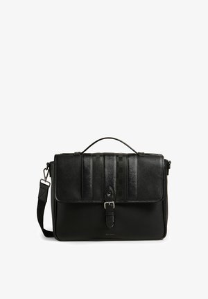 Black leather messenger bag with a structured shape, featuring textured panels, a flap closure, a detachable shoulder strap, and silver hardware.