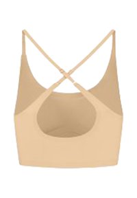 Top sportivo beige con spalline incrociate regolabili e banda larga, visto da dietro.