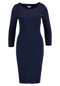 Abito in maglia blu navy, con scollatura rotonda, maniche a tre quarti e una silhouette aderente con texture a coste.