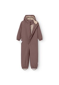 Brauner wasserdichter Einteiler mit einem Reißverschluss vorne, elastischen Bündchen und Kapuze. Innenfutter in hellbeige, mit nahtloser Konstruktion.